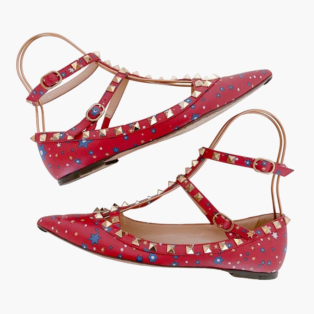 Valentino Garavani Rockstud Caged Flats EU 37.5 US 7.5 Red Stars Studded Ballet - Picture 10 of 16